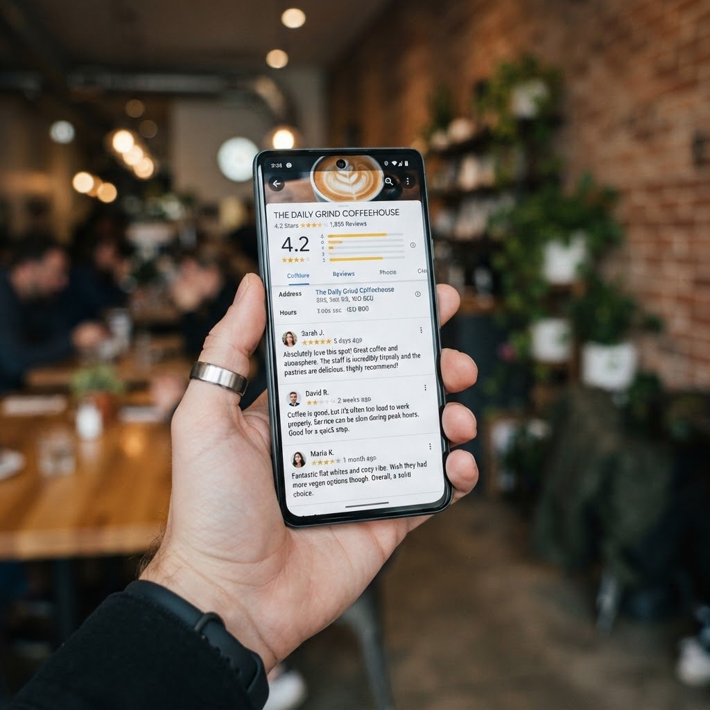 Avis clients sur Google Business Profile avec note étoile en gros plan