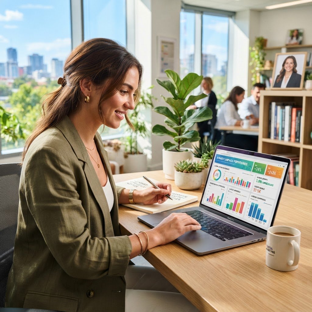 Professionnel en marketing digital analysant des métriques d'été sur ordinateur portable