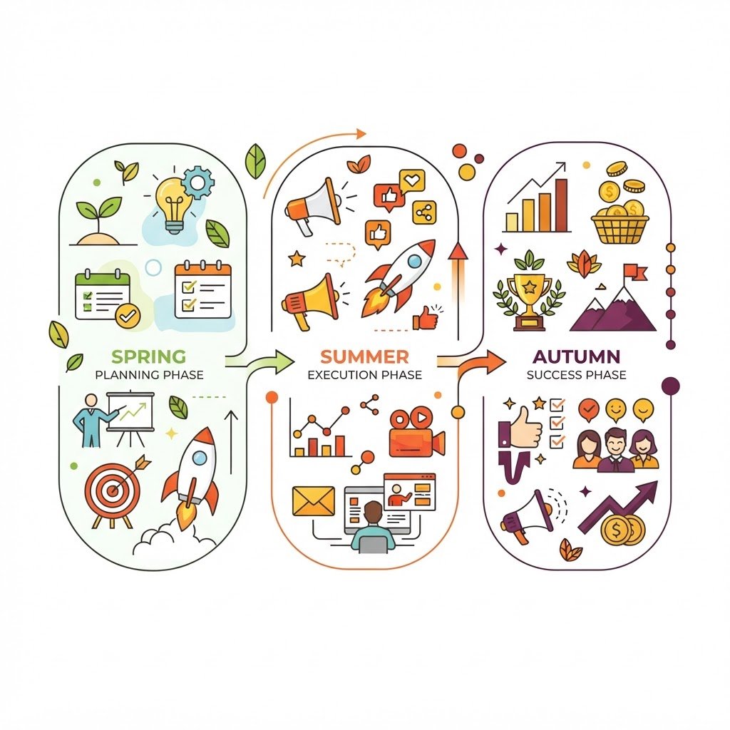 Timeline du marketing digital : planification printanière, exécution estivale, succès automnal