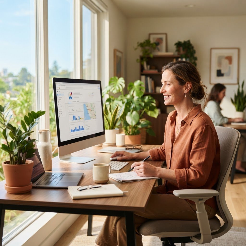 Dirigeant PME consultant sa fiche Google Business Profile depuis son bureau en ete