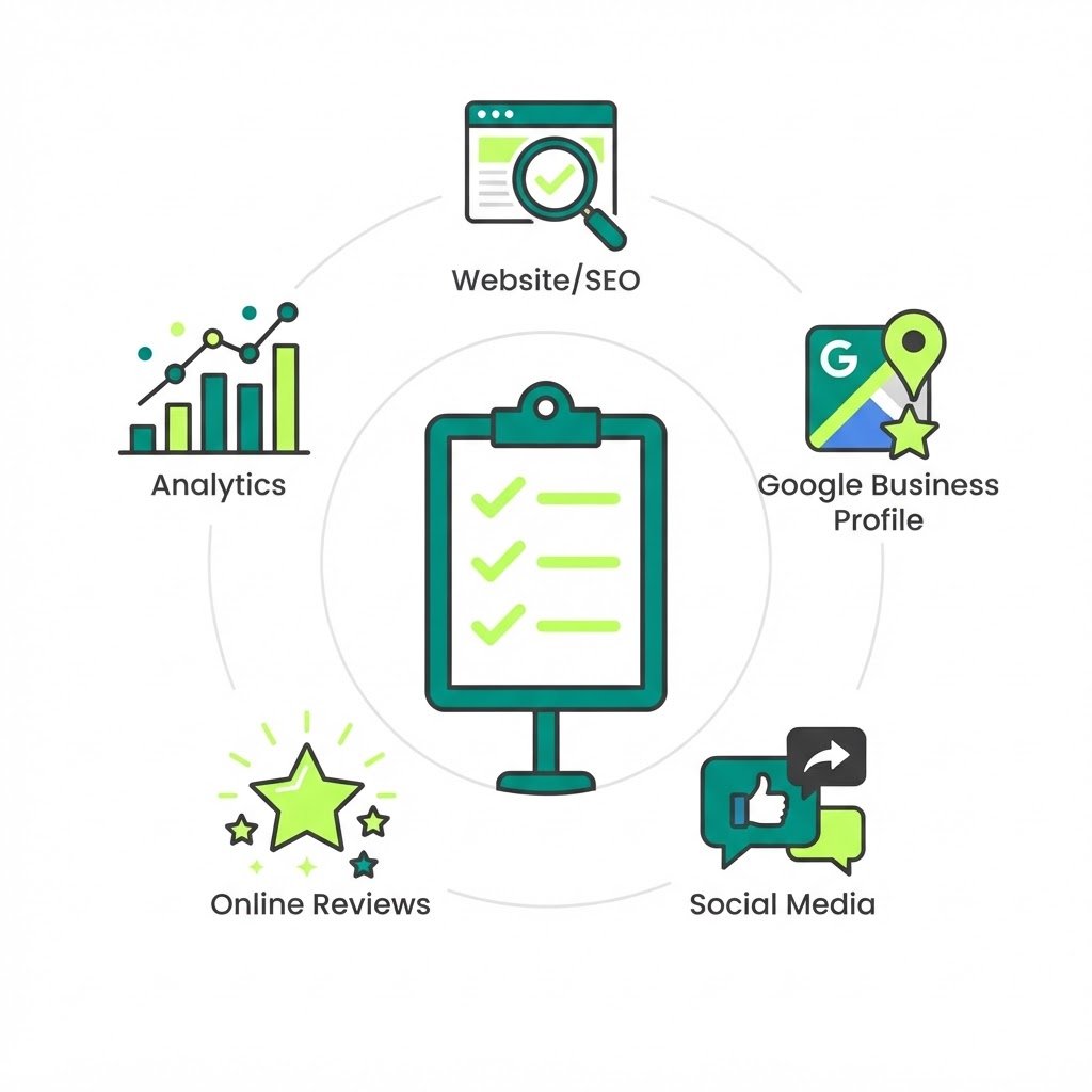 Infographie audit digital PME : checklist SEO, GBP, réseaux sociaux, avis, analytics