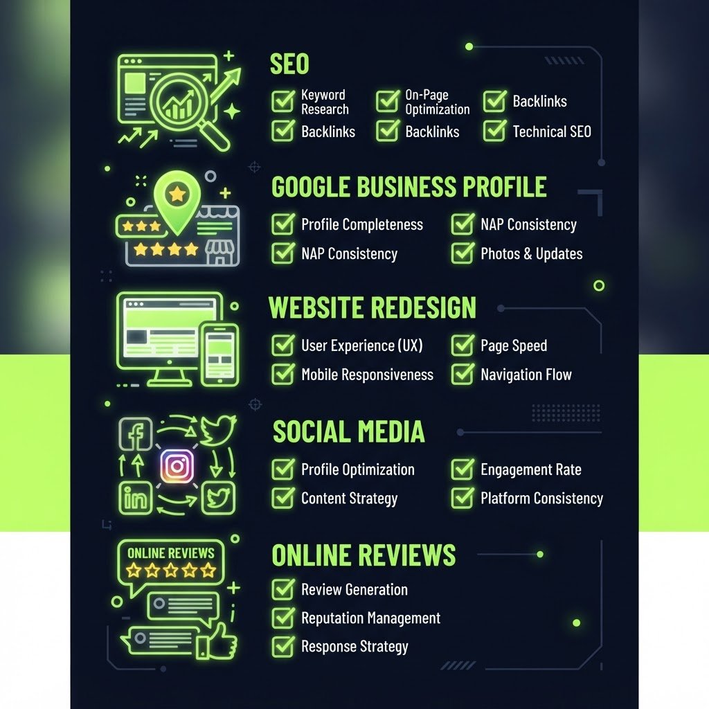Infographie audit présence digitale : SEO, Google Business Profile, site web, réseaux sociaux et avis clients