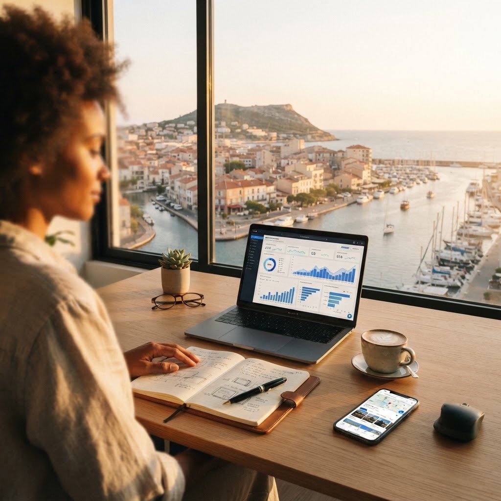 Bilan digital d'été : bureau moderne vue sur mer avec dashboard analytique