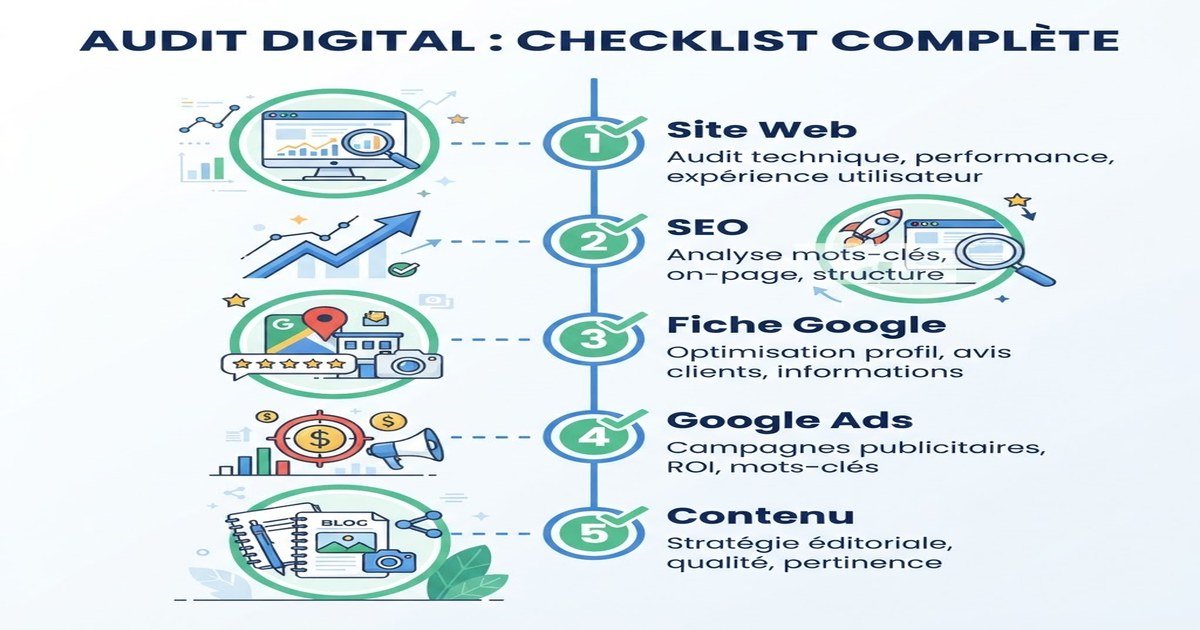 Checklist en 5 étapes du bilan digital estival : site web, SEO, fiche Google, Google Ads, contenu