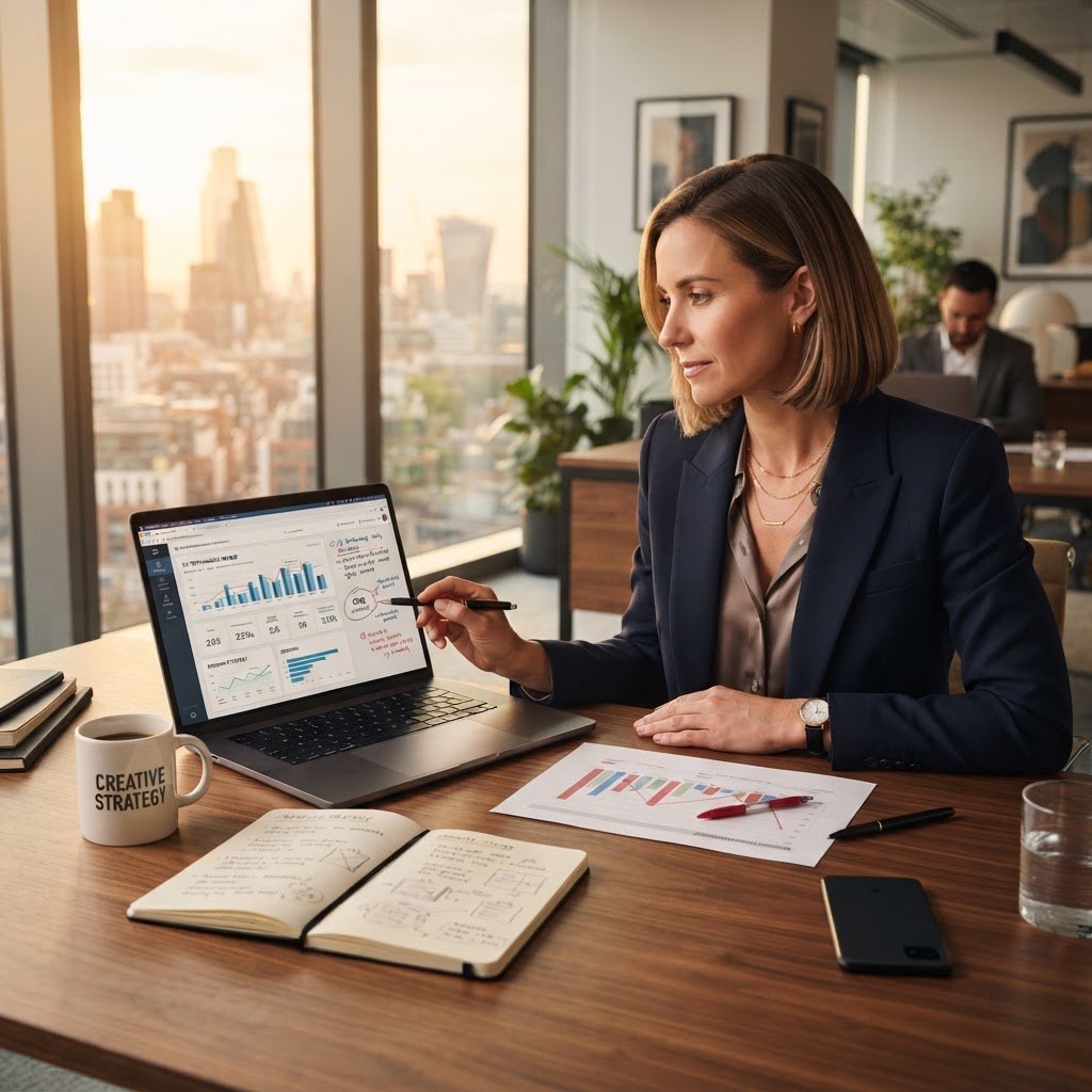 Bilan digital d été - entrepreneur analysant stratégie marketing et planning septembre