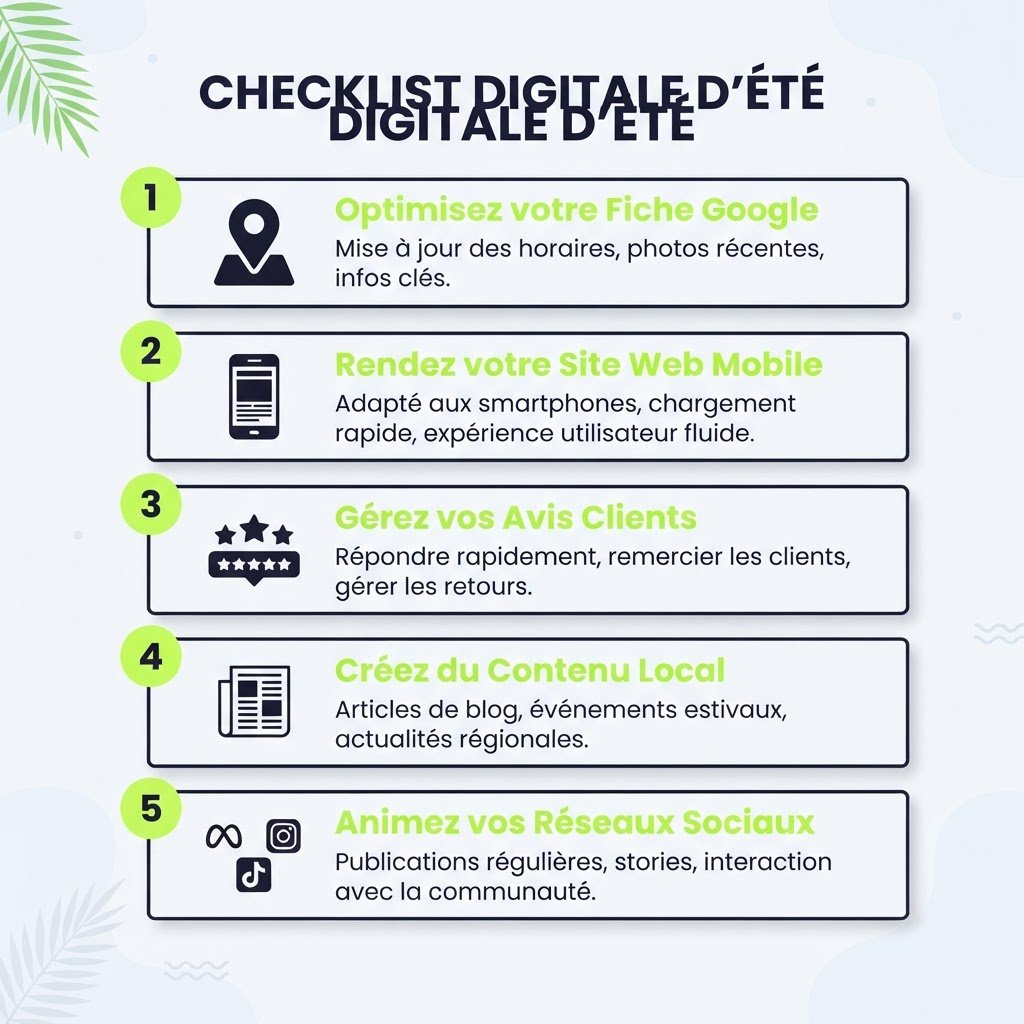 Checklist digitale d'été : fiche Google, site mobile, avis clients, contenu local, réseaux sociaux