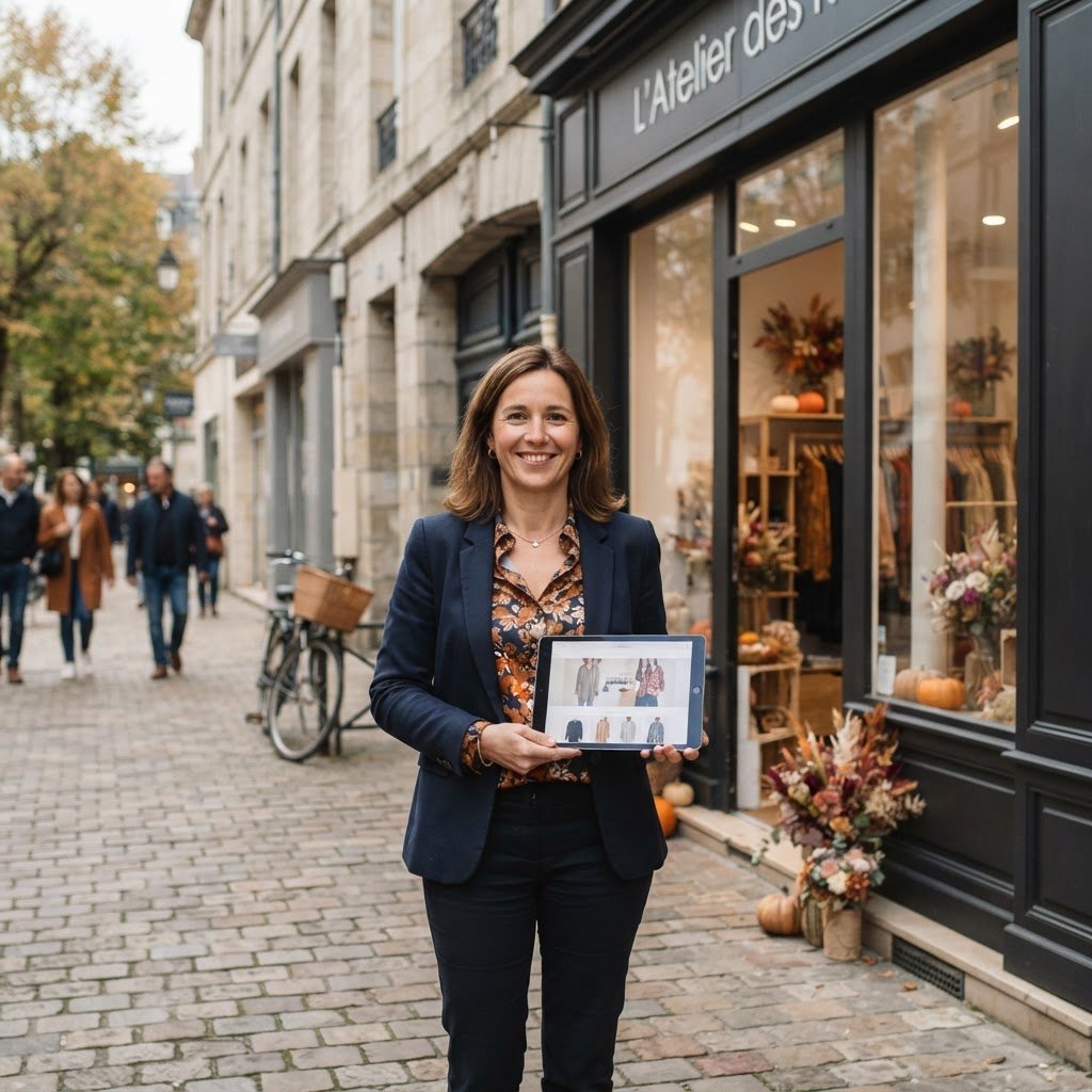 Commerçante préparant la rentrée de septembre avec son nouveau site web sur tablette