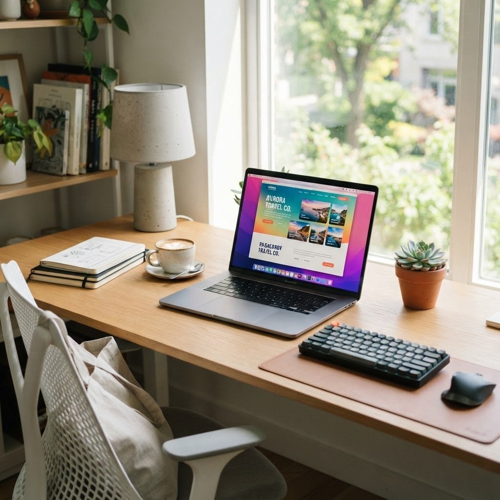Laptop avec site web moderne en construction, lumière naturelle été 2026