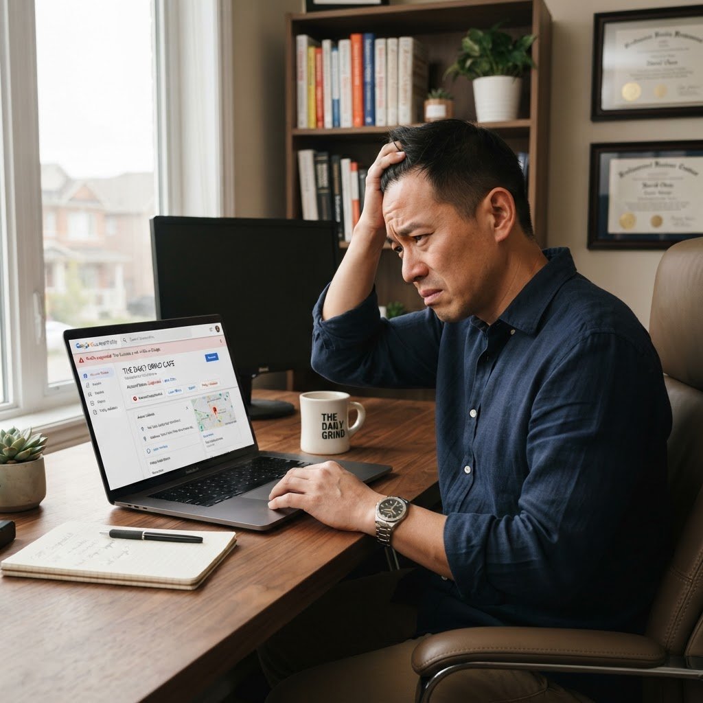 Propriétaire d'entreprise frustré regardant une fiche Google Business Profile suspendue sur écran