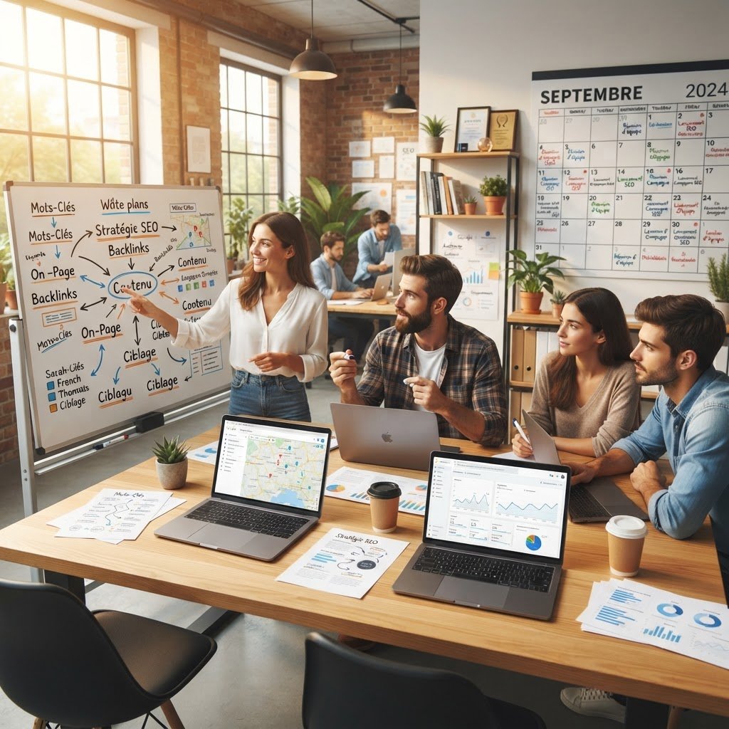 Équipe d'agence digitale travaillant sur la stratégie de rentrée avant septembre