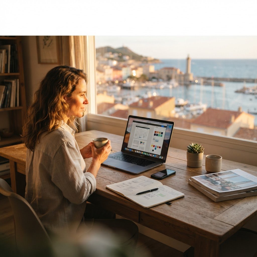 Profiter de l'été pour refaire sa présence digitale - vue sur une ville côtière française avec ordinateur