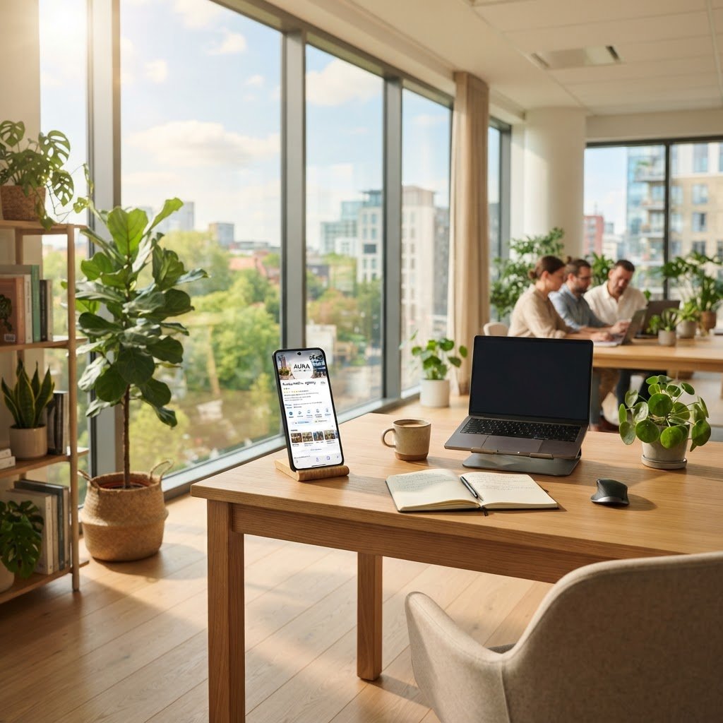 Bureau moderne en ete avec Google Business Profile visible sur smartphone