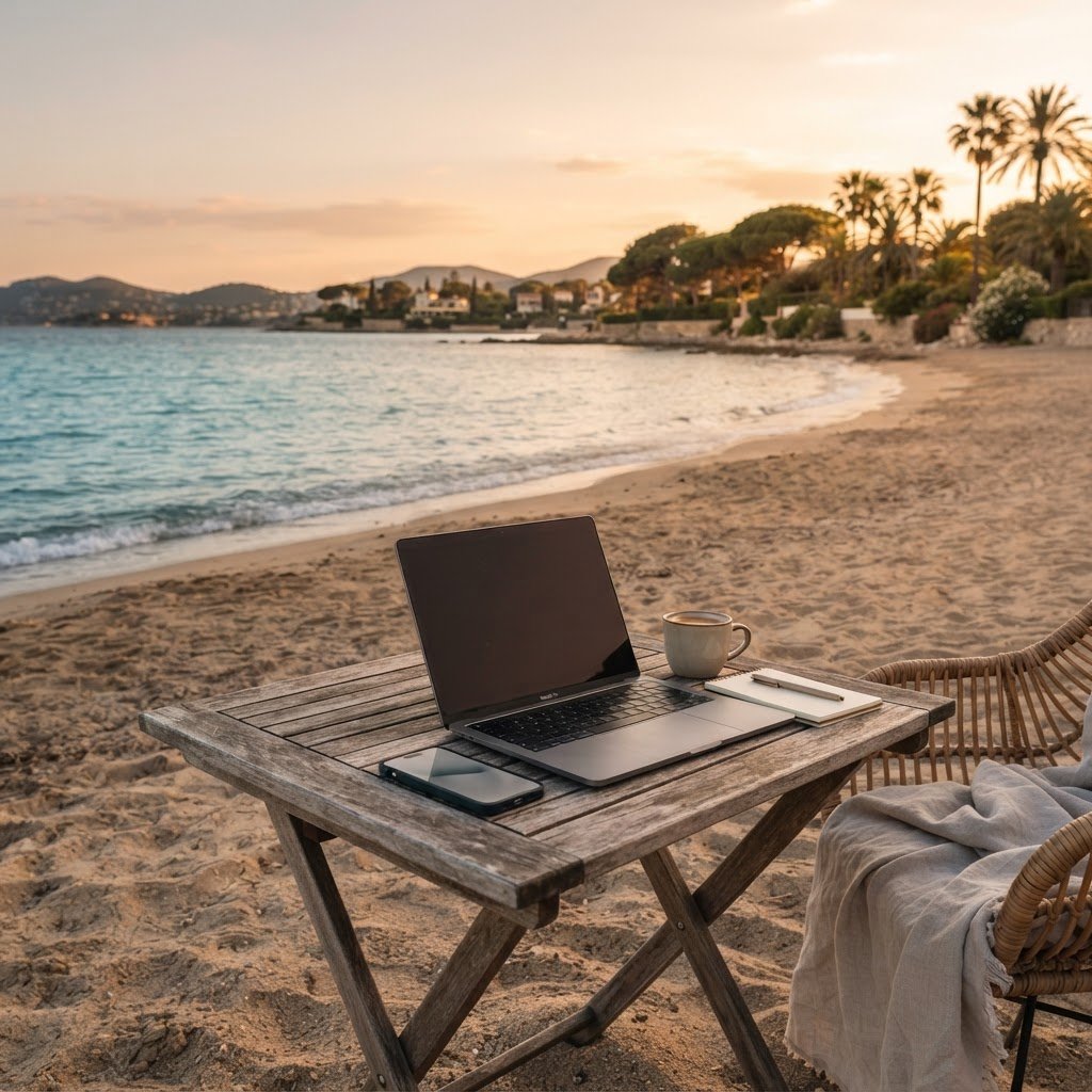 Refonte présence digitale été 2026 avec ordinateur portable sur plage du Sud de la France