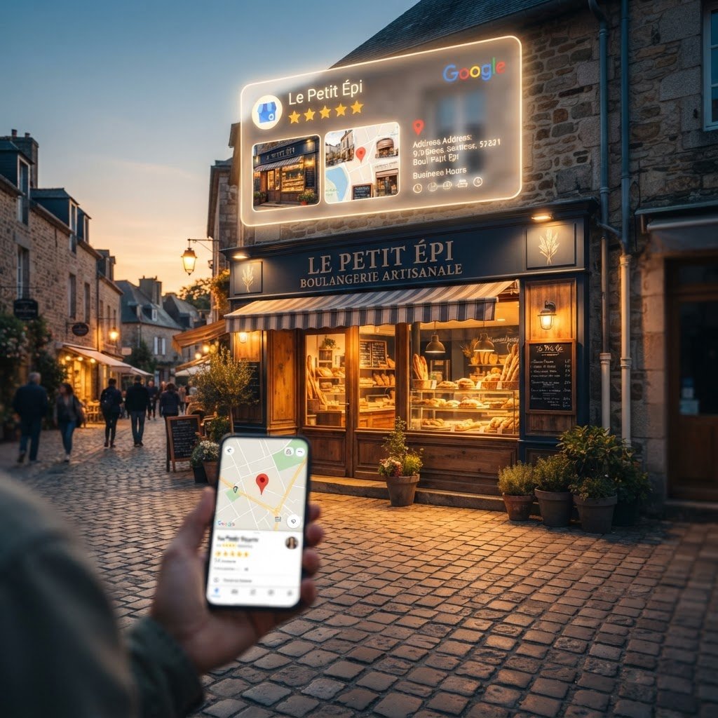 Vitrine de PME française avec fiche Google My Business et avis clients 5 étoiles affichées sur smartphone