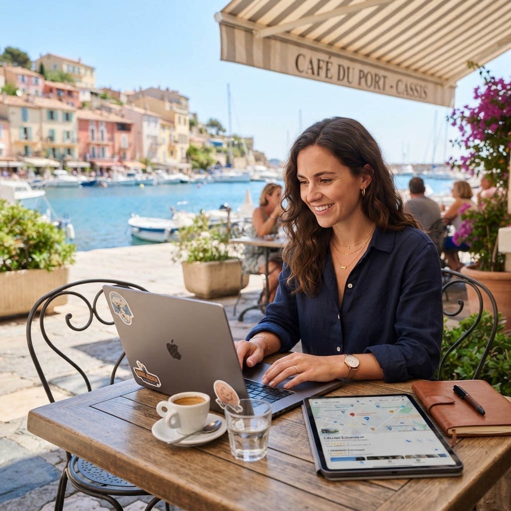 Patron PME travaillant sa presence Google ete terrasse cafe France