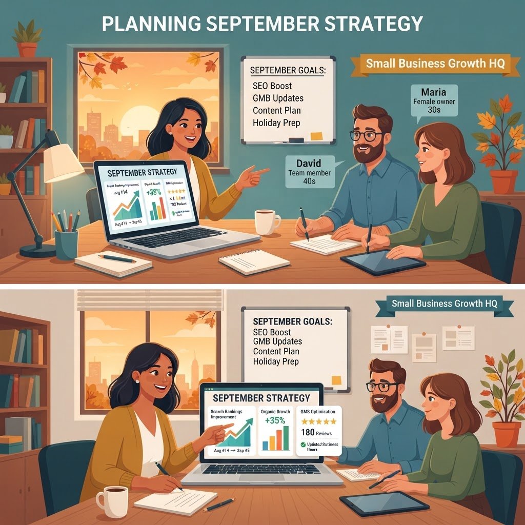 Planning septembre - équipe préparant stratégie digitale et optimisation classement GMB