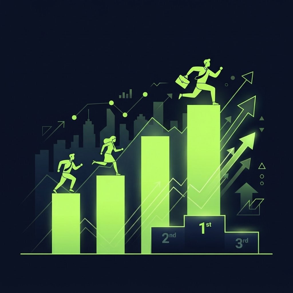 Infographie vectorielle montrant les PME en tête de course face à leurs concurrents, classement et progression