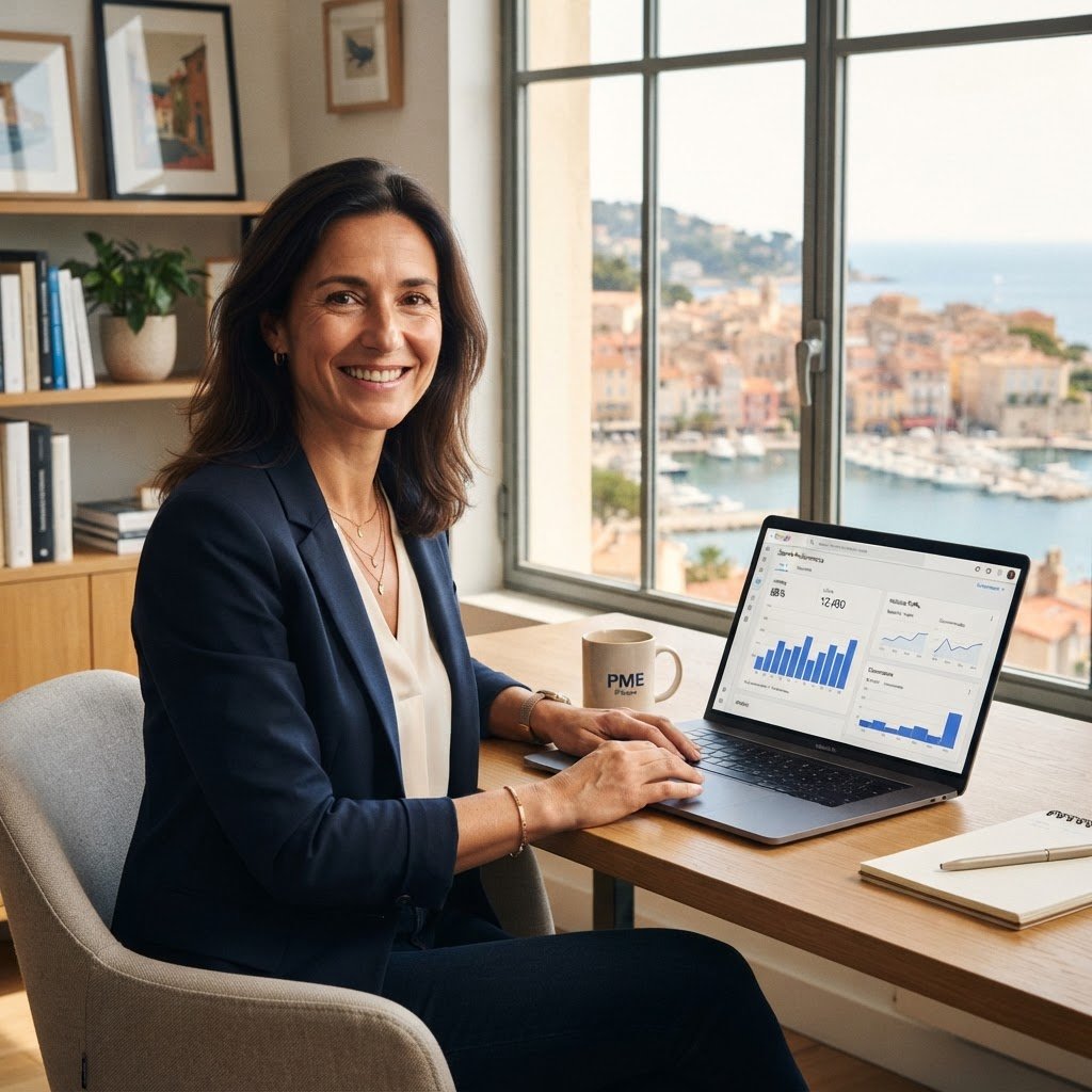 Dirigeant de PME confiant devant son bureau avec analytics Google affichés, préparation stratégique pour la rentrée