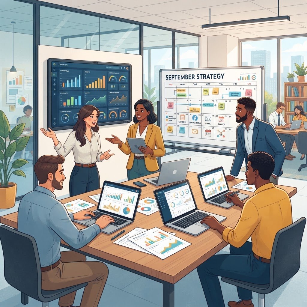 Équipe de marketing préparant la stratégie digitale pour septembre avec analytics et planification