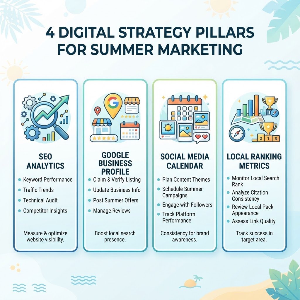 4 pilliers clés de la stratégie digitale été 2026 - SEO, Google Business, réseaux, analytics