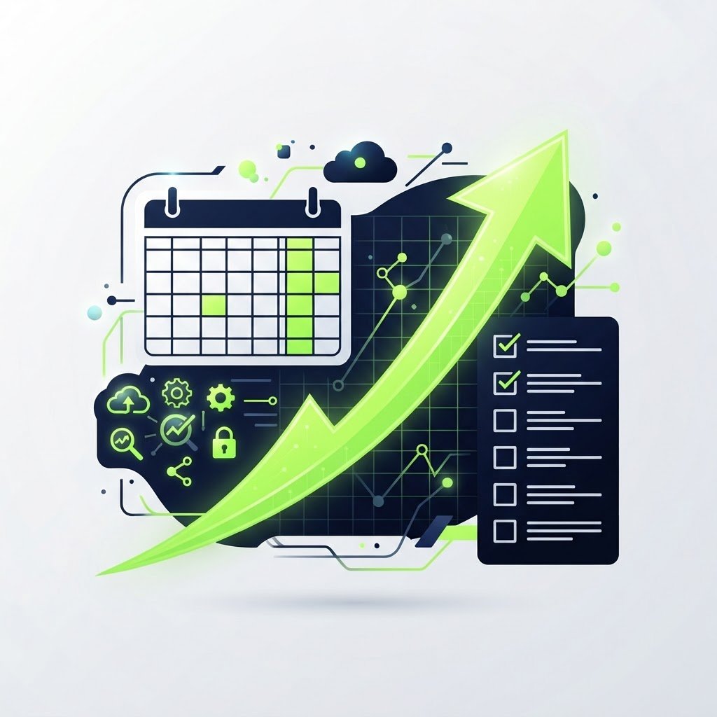 Infographie de stratégie commerciale avec flèche de croissance, planning et checklist pour PME