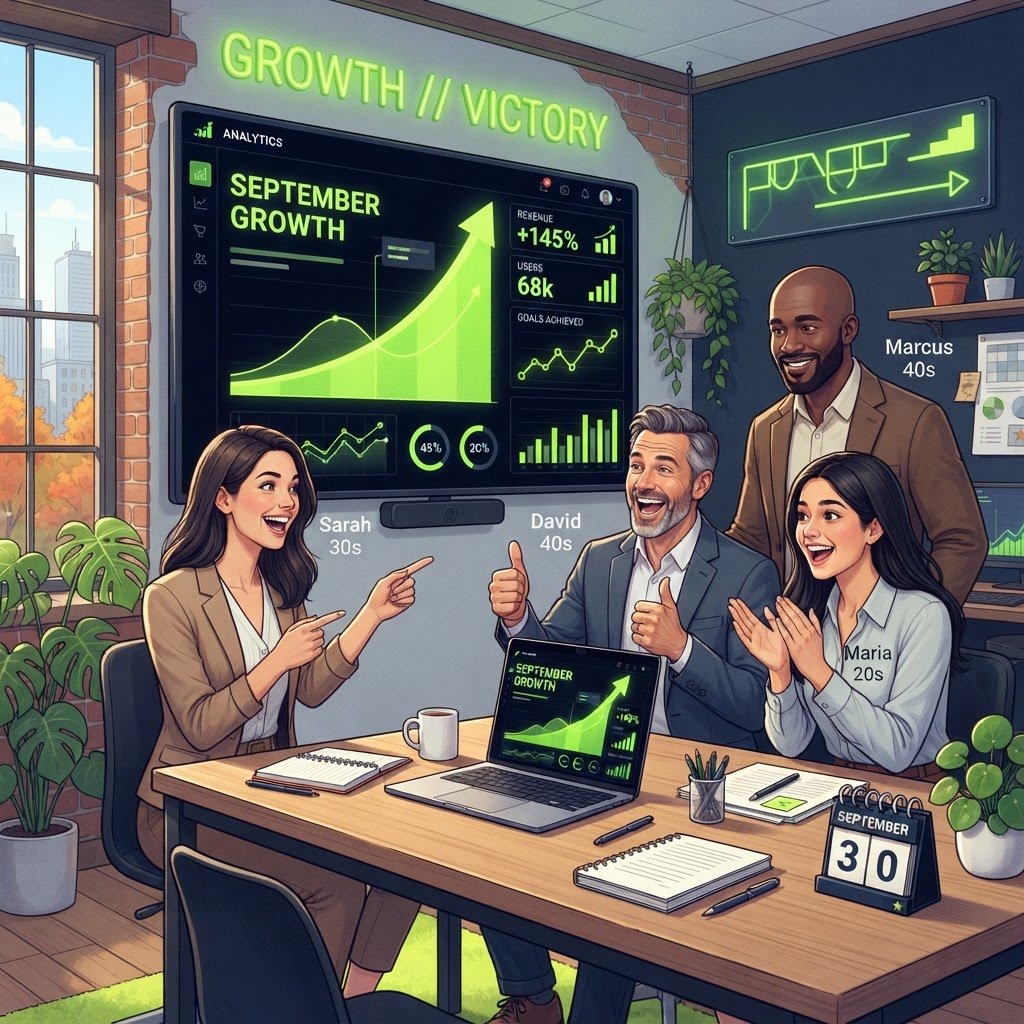 Équipe de PME victorieuse qui a préparé sa rentrée, tableau de bord analytics en croissance septembre 2026