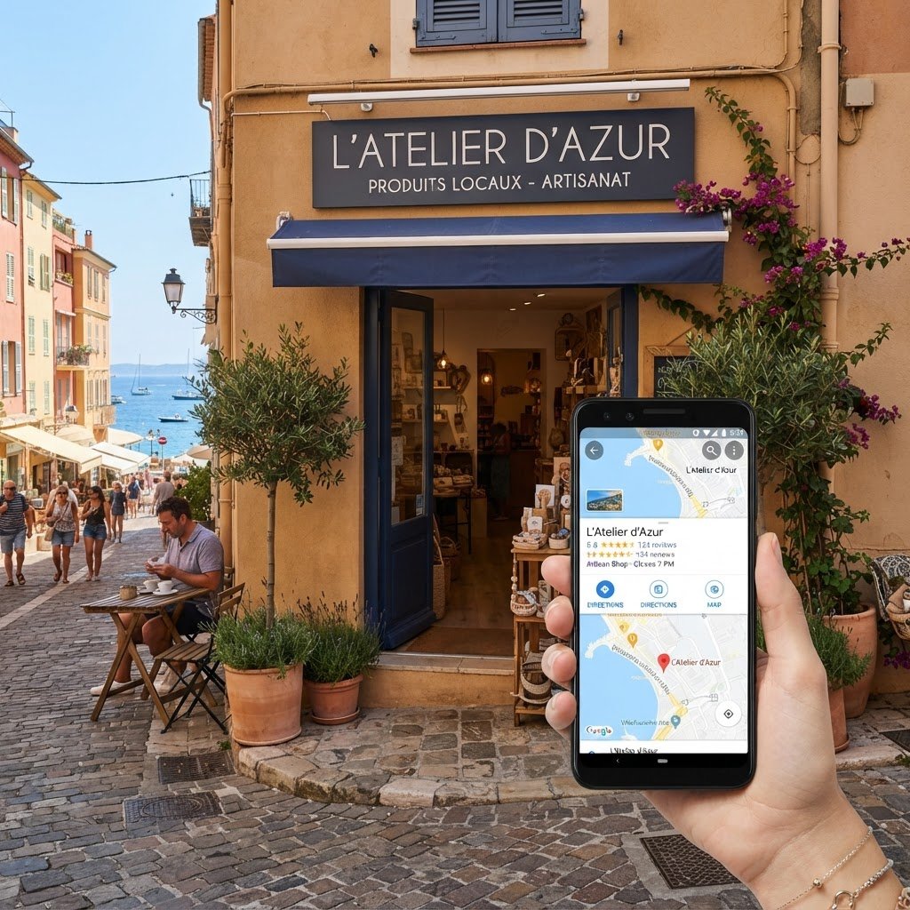 Vitrine commerciale ensoleillée avec présence Google optimisée pour l'été - MS France Concept