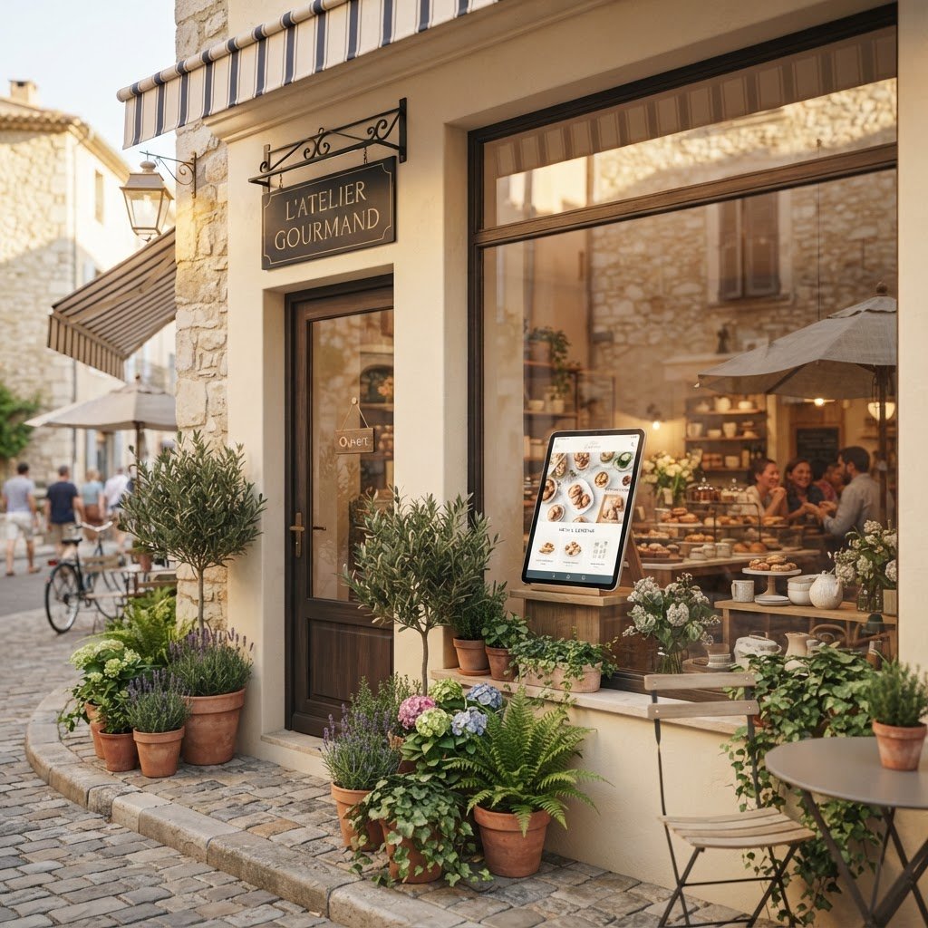 Vitrine commerce ete presence digitale - boutique francaise avec affichage numerique en saison estivale