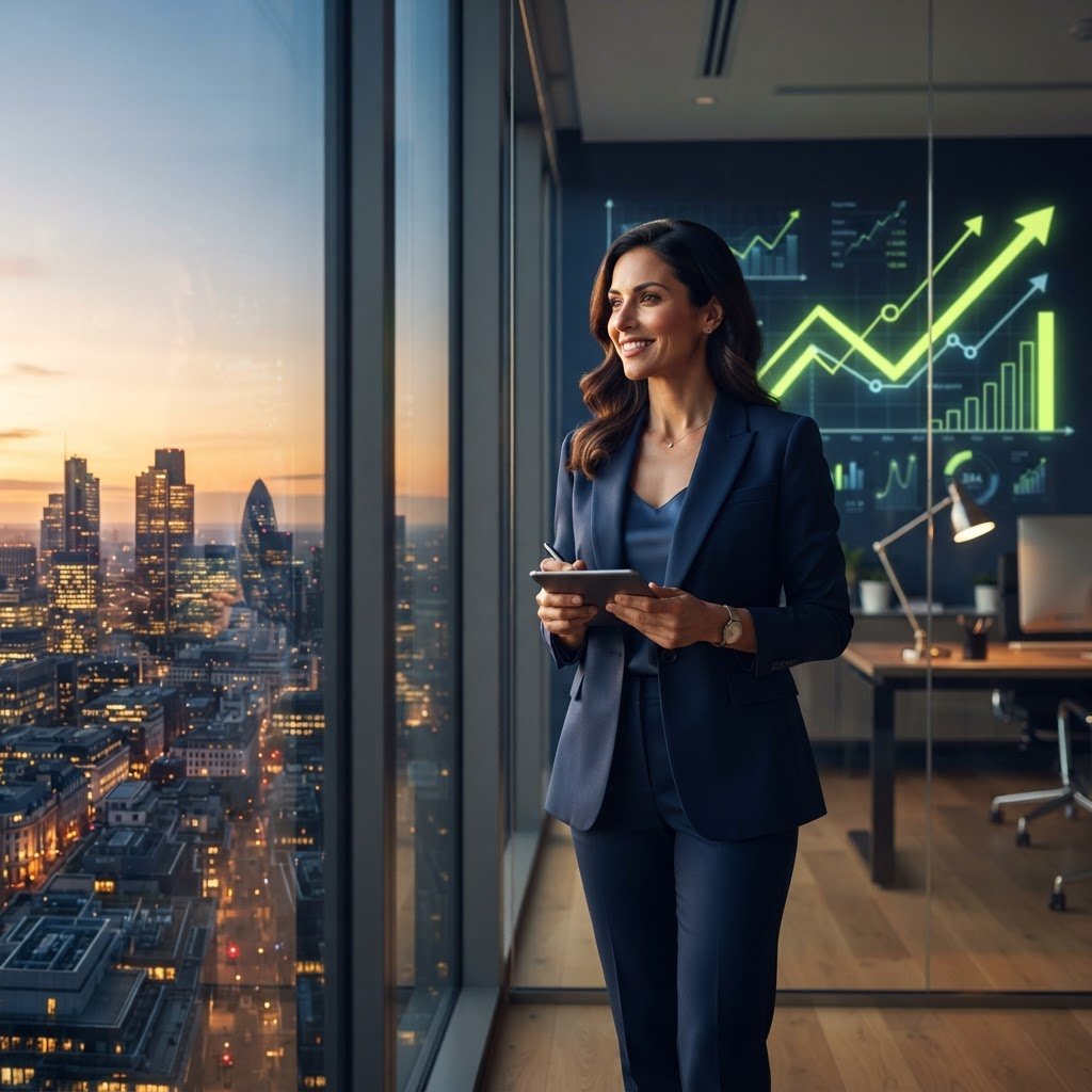 Femme d'affaires dans un bureau moderne regardant une ville en coucher de soleil avec graphiques de croissance - thème de préparation pour septembre 2026