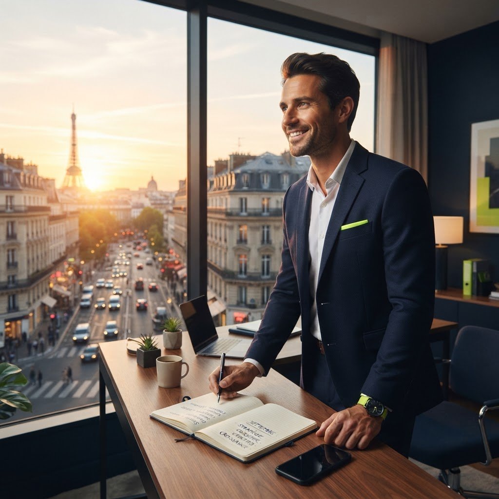 Entrepreneur français prêt pour la rentrée et le développement digital de son entreprise
