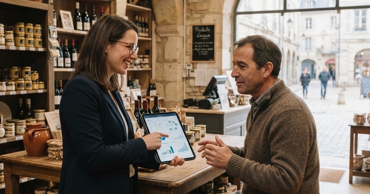 Conseiller digital MS France Concept présentant une stratégie sur tablette à un commerçant de Dijon