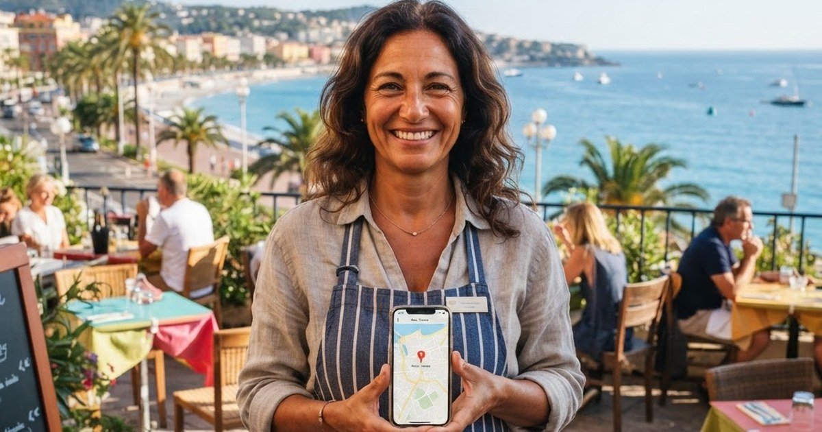 Restauratrice niçoise consultant son établissement sur une carte Google Maps depuis son smartphone face à la Méditerranée