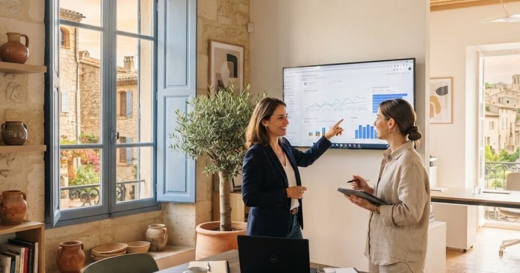 Consultants de l'agence Google Partner MS France Concept analysant des résultats de campagnes dans un bureau provençal