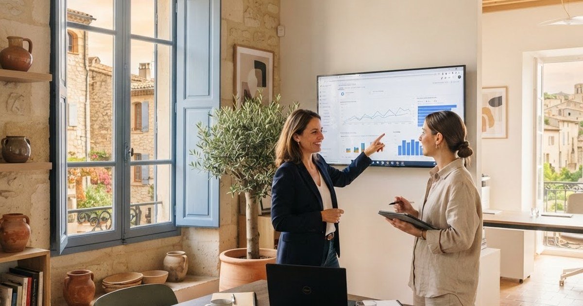 Consultants de l'agence Google Partner MS France Concept analysant des résultats de campagnes dans un bureau provençal