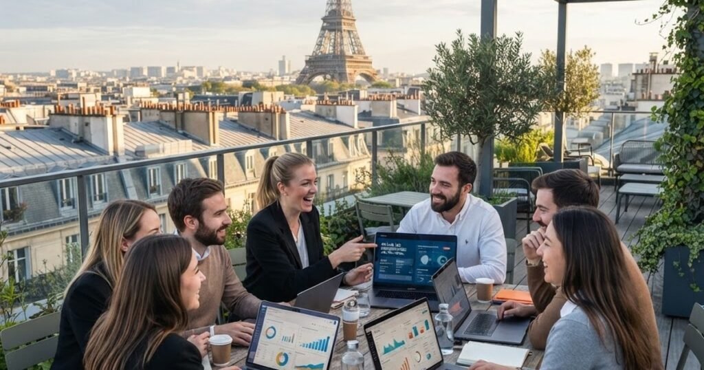 Équipe marketing pilotant des campagnes Google Ads sur un toit-terrasse parisien face à la tour Eiffel