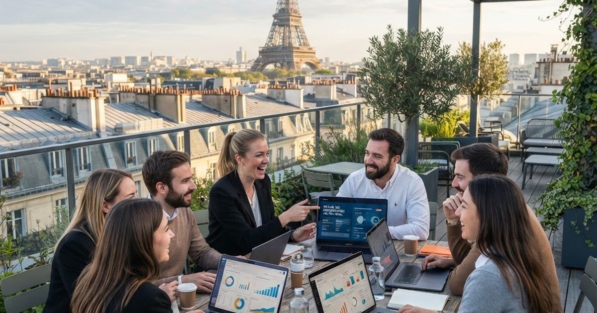 Équipe marketing pilotant des campagnes Google Ads sur un toit-terrasse parisien face à la tour Eiffel