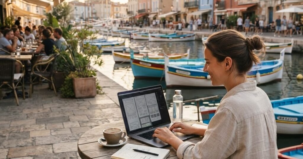 Webdesigner travaillant sur la refonte d'un site vitrine en terrasse au bord du canal de Sète