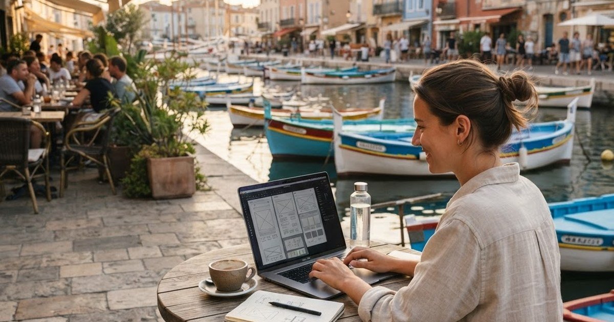 Webdesigner travaillant sur la refonte d'un site vitrine en terrasse au bord du canal de Sète